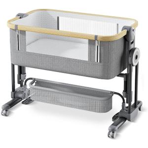 4 in 1Baby Bassinet,Bedside Bassinet for Baby, Rocking Bassinet with Comfy Mattress and Wheels, 7 Height Adjustable Easy Folding Portable Bedside Crib for Newborn