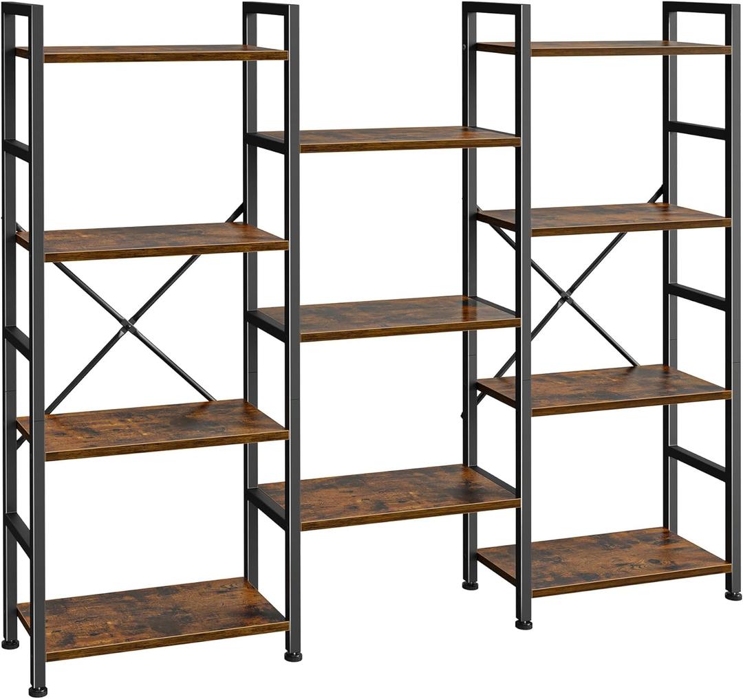 SUPERJARE Triple 4 Tier Bookshelf, Bookcase with 11 Open Display Shelves, Wide Book Shelf Book Case for Home & Office, Rustic Brown