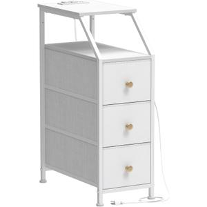 Tohomeor Narrow Dresser Tall Skinny Storage Tower Vertical Slim Chest of Drawers with Charging Station Small Nightstand Side Table for Bedroom, Bathroom, Small Spaces (White, 3 Drawers), 18.9"D x 9.8"W x 28.4"H