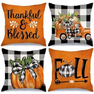 GEEORY Fall Decorative Throw Pillow Covers 20 x 20 Inch Set of 4, Pumpkins Thankful Blessed Buffalo Plaid Fall Decor Outdoor Farmhouse Pillow Cases for Home Couch (Orange Color) 