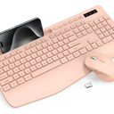 Trueque Wireless Keyboard and Mouse Combo - Full-Sized Ergonomic Keyboard with Wrist Rest, Phone Holder, Sleep Mode, Silent 2.4GHz Cordless Keyboards Mice Set for Computer, Laptop, PC, Windows ( Light Pink)