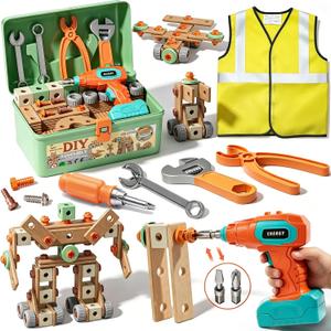 CUTE STONE Kids Tool Set with Electronic Drill, 168Pcs Tool Kit with Construction Vest and Tool Box, Montessori Toys Educational Construction Toy, Pretend Play Building Toy Gift for Toddler Boys Girls