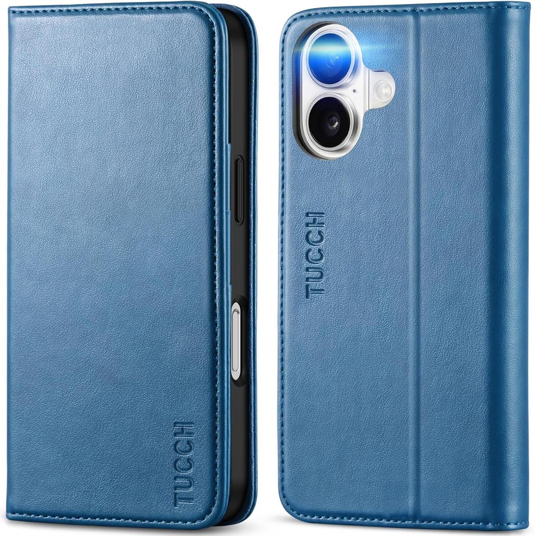 TUCCH Case Wallet for iPhone 16, Kickstand PU Leather Folio Cover with RFID Blocking 3 Card Slots, Stand Book Design [Shockproof TPU Interior Case] Compatible with iPhone 16, Light Blue
