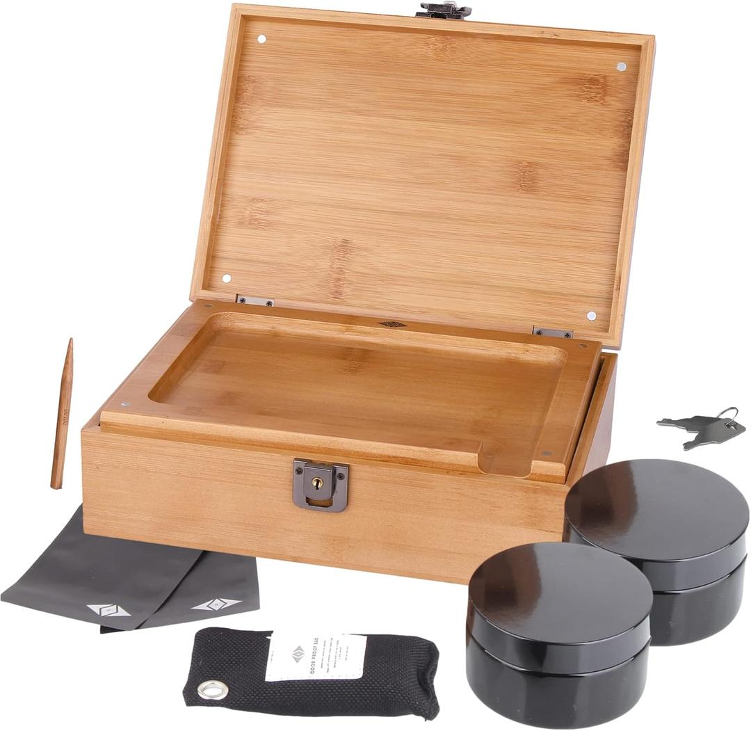 Premium Large Box Kit with Lock 2 100 mL Airtight UV Jar, Charcoal Bag, 2 Odorless Resealable Bags