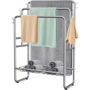 40" H Free Standing Towel Rack with 2 Storage Baskets & 6 Hooks, 3 Tier Silver Metal Towel Stand for Extra Large Towel, Modern Industrial Blanket Ladder Display and Drying Rack for Bedroom Bathroom (Grey)