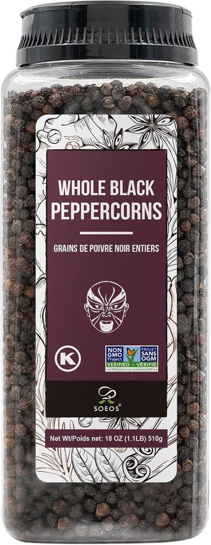 Soeos Black Peppercorns, 18oz (Pack of 1), Non-GMO, Kosher, Packed to Keep Peppers Fresh, Peppercorn for Grinder Refill, Whole Peppercorns