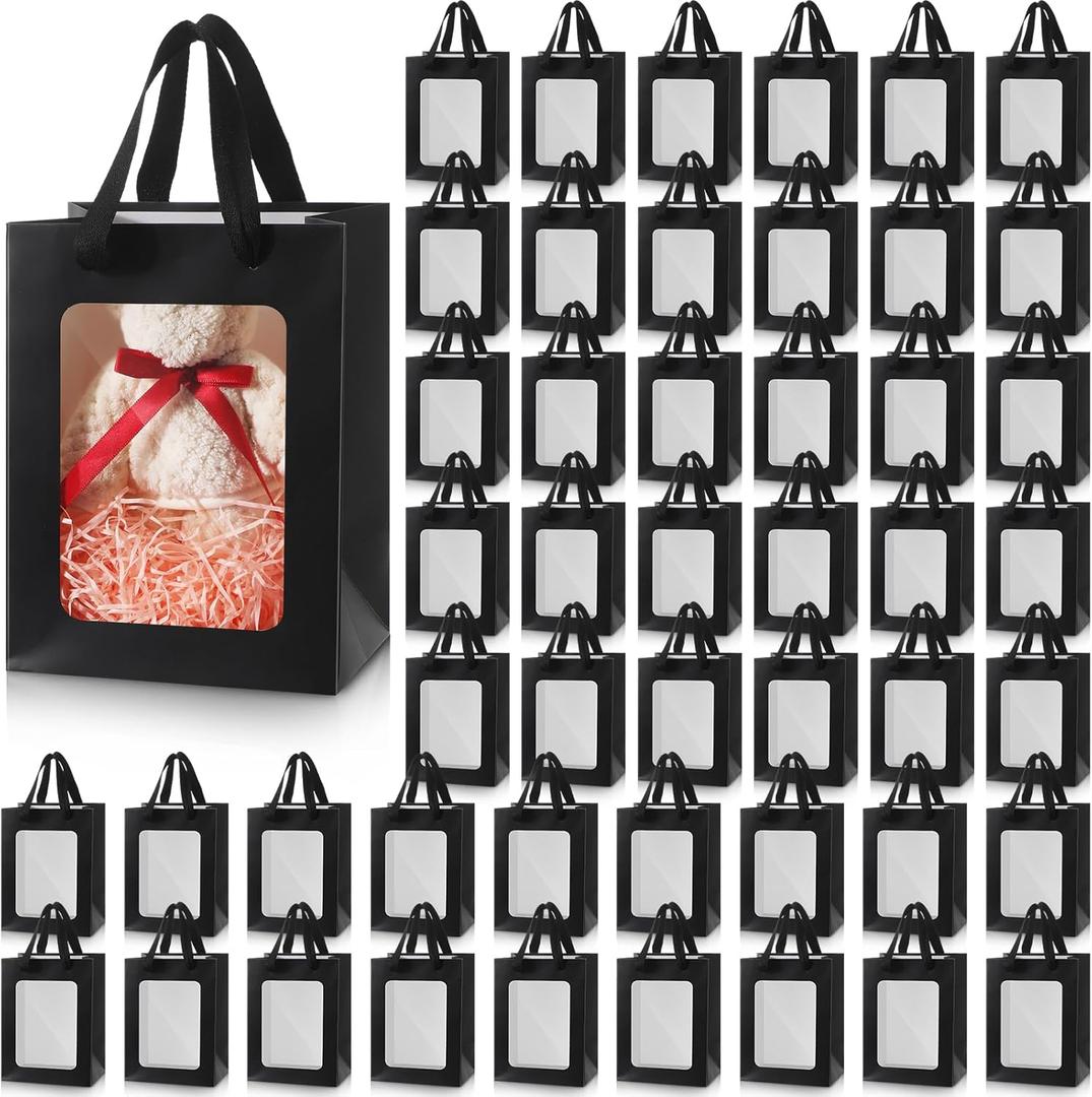 Harloon 48 Pieces Paper Gift Bag with Transparent Clear Window 7.9 x 5.9 x 3.9 Inch Kraft Bags with Handles for Easter Bridal Baby Shower Graduate Mother's Day Birthday Party Supplies(Black)