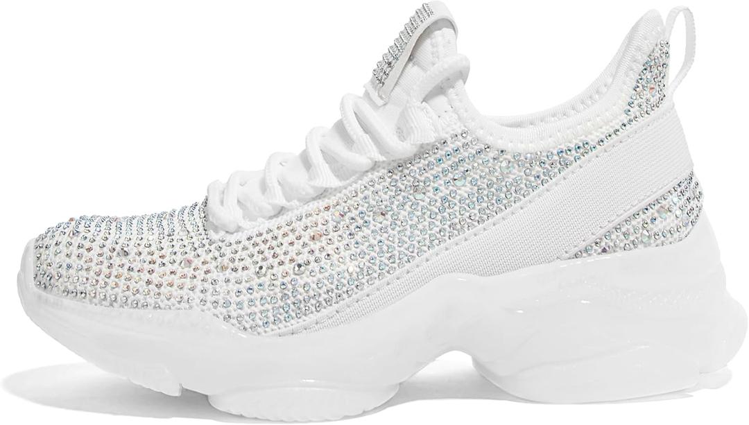 LUCKY STEP Girls Rhinestone Slip On Sneakers Kids Sparkly Lightweight Tennis School Knit Jelly Sole Glitter Walking Shoes Toddler(White Rhinestone, Little Kid 12)
