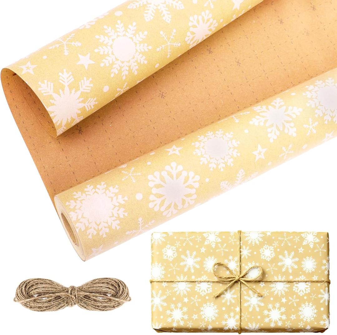 2 x CAKKVDE Vintage Christmas Wrapping Paper Roll - Kraft Gift Wrap with Jute Twine | 17 Inch x 49 Feet Durable Holiday Wrapping Paper for Gifts(White snowflakes)