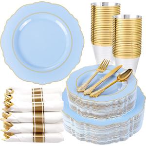 Liacere 175PCS Bule Plastic Plates - Disposable Ligh Bule and Gold Plates - Baroque Plastic Dinnerware 50Plates, 25Pack Pre Rolled Napkins with Silverware 25Cups for Baby Shower Party & Wedding