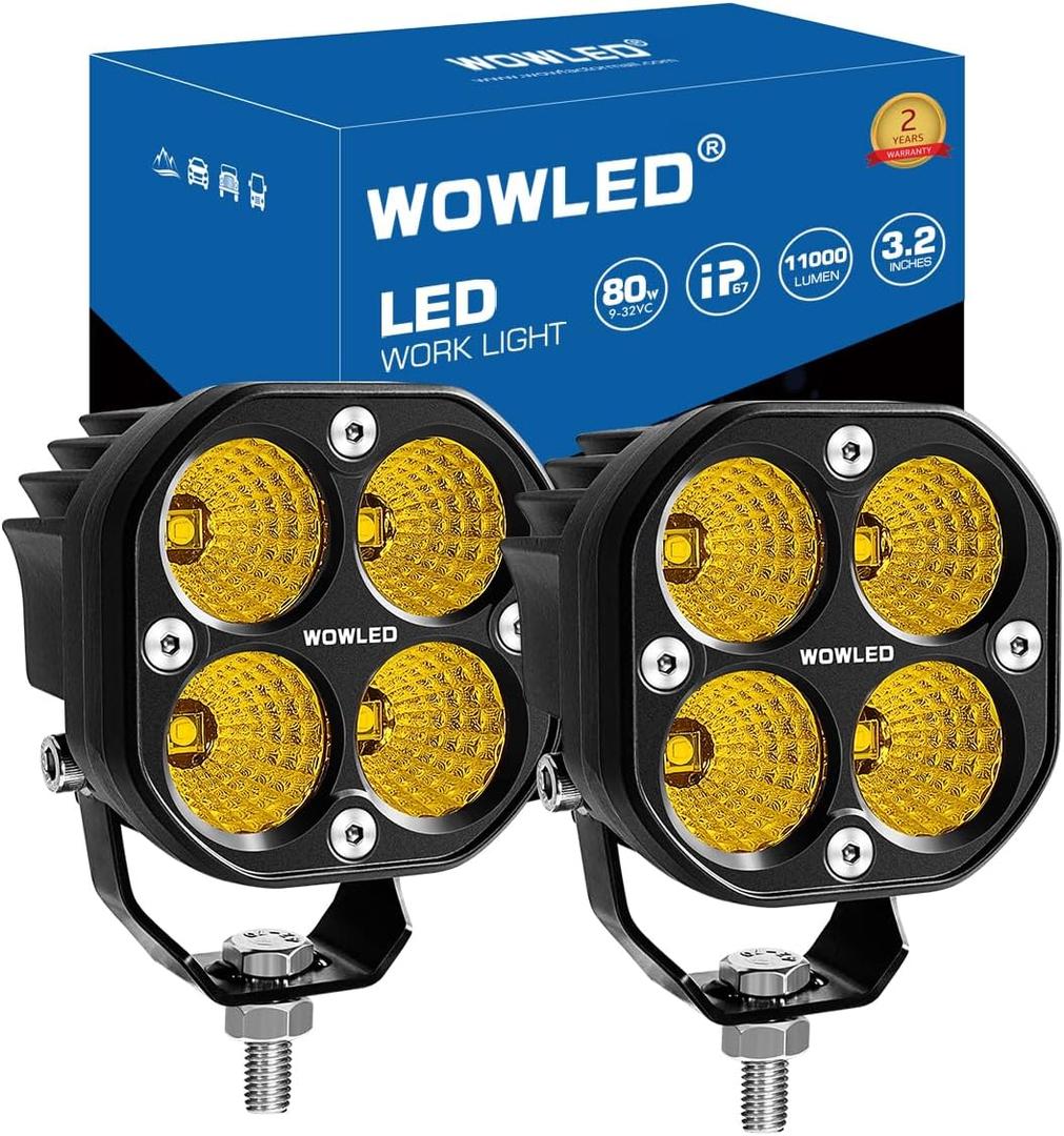 2PCS 3Inch 80W Amber LED Cube Lights, 12V FloodLight Yellow Fog Light Backup Lamp for Truck ATV UTV SUV Tractor Car 4x4 Exterior Light