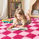 Checkered 8x10 Area Rugs for Living Room, Ultra Soft Fluffy Large Shaggy Rug Carpet for Bedroom, Non-Slip Fuzzy Plush Rugs for Nursery Boys Girls Kids Room Modern Indoor Home Decor, Pink and Hot Pink
