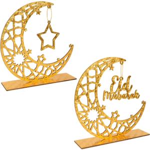 Ramadan Decorations Islamic, 2-Piece Golden Wooden Eid Mubarak Table Sign with Hollow Moon & Star, Muslim Home Party Decor for Ramadan Eid Gift, 8x7.67 Inch