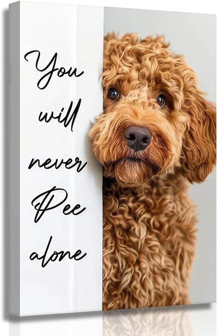 Funny Dog Bathroom Canvas Wall Art Cute Animal Humorous Goldendoodle Painting Pictures Restroom Wall Decor You Will Never Pee Alone Poster Print Artwork for Toilet Nursery Decor 12x16in