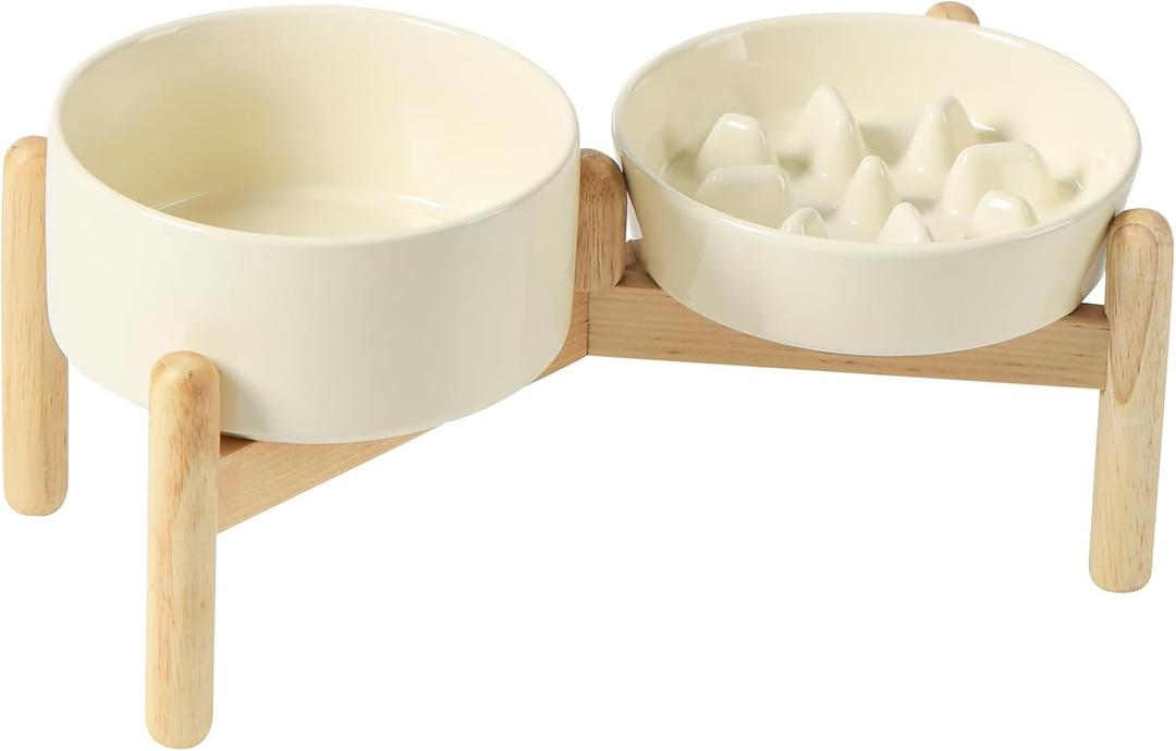 Havniva 6.1 Raised Slow Feeder Dog Bowls Set, 0.9 Cups Ceramic Slow Feeder Dog Bowl and 6.1 Dog Water Bowl with Elevated Wooden Stand Puzzle Dog Food Bowl for Small Dogs Anti-Gulping & Anti-Choking (2 x Light Yellow+Stand-C)