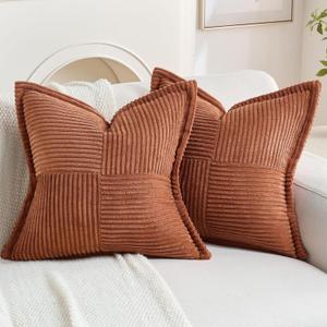 HAUSSY Pack of 2 Corduroy Throw Pillow Covers24x24 Inch, Rust | Decorative Striped Soft Boho Farmhouse Pillowcases, Machine Washable, Couch Bed Sofa Living Room Home Decor, No Insert