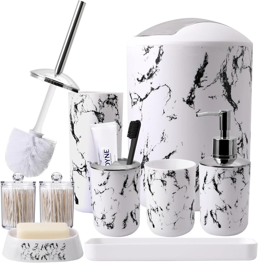 XLHOMO White Marble Bathroom Accessories Set, White Bathroom Set with Trash Can, Vanity Tray, Soap Dispenser, Soap Dish, Toothbrush Holder, Toothbrush Cup, Toilet Brush and Qtip Holders for Bathroom