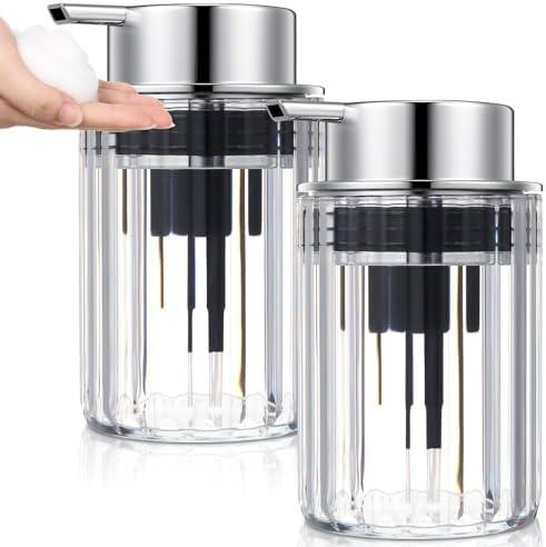Potchen 2 Pcs Refillable Clear Foaming Hand Soap Dispenser 10 oz Plastic Dispenser Pump Lotion Foaming with Silver Pump for Bathroom Vanities Kitchen