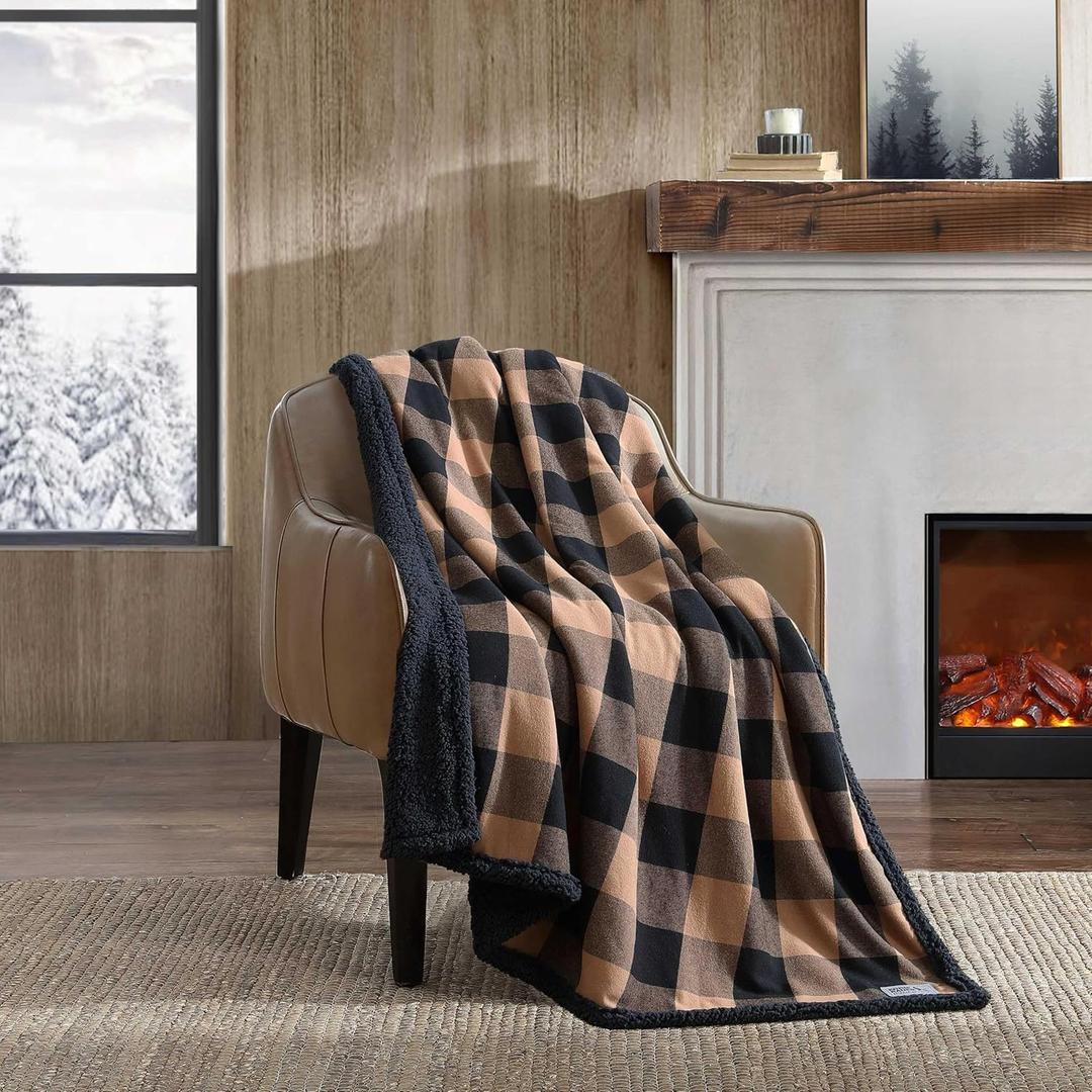 Eddie Bauer - Throw Blanket, Brushed Fleece & Plush Sherpa Soft Blanket, Throw Blanket for Couch & Bed (Cabin Plaid Beige, 50" x 60")