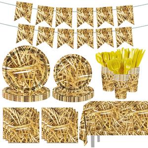 142 Pcs Straw Party Decorations Western Party Decorations Disposable Tableware Set Plates Napkins Cups Serves 20