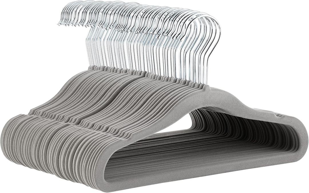 Amazon Basics Kids Velvet, Non-Slip Clothes Hangers for Infant and Toddler, 11.6 inches (for baby clothes), Pack of 50, Gray
