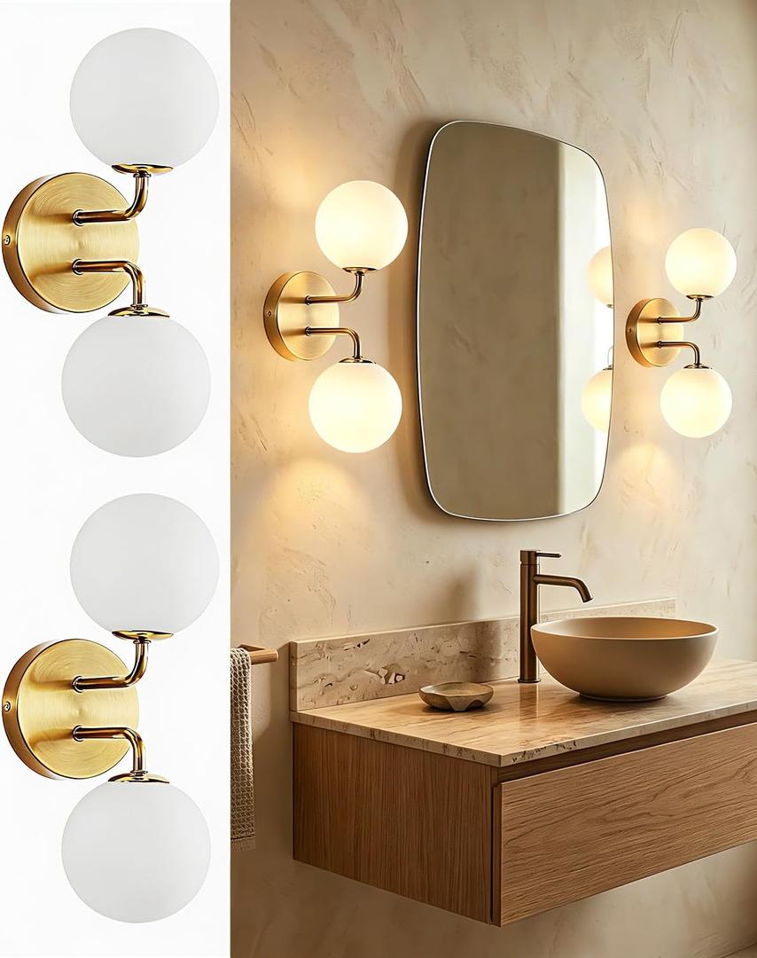 Yunnix Gold Bathroom Vanity Light, 2-Light Modern Globe Vanity Lighting Fixtures with Milk White Glass Shade, Mid Century Vanity Lights Wall Sconce Over Mirror for Hallway Entryway Set of 2