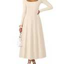 MEROKEETY Women's Fall Dresses 2025 Long Sleeve Square Neck Elegant Classy Winter Cocktail Wedding Guest Midi Dress, Apricot, Medium