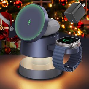 iVANKY 4 in 1 Qi2 Certified 15W MagSafe Wireless Charger Station with Night Light, 3 in 1 Fast Charging Stand for iPhone 17e/17/16/15/14/13 Pro Max Air, Apple Watch, AirpodsIncludes 33W Adapter