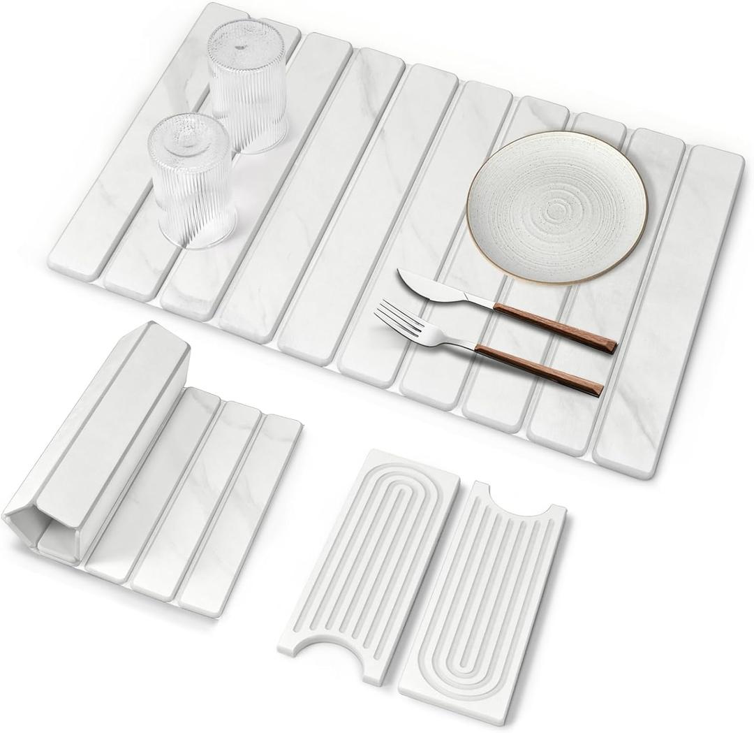 3 PCS Large Stone Dish Drying Mat for Kitchen Counter, 24"16" Marble Absorbent Dish Drying Mat with 24"x 4" Faucet Mat for Kitchen Sink, Earth Mats for Dishes Bottles Cups, Match Any Countertop