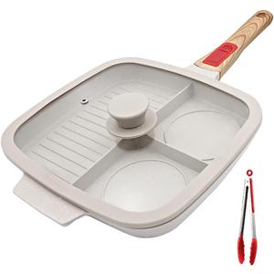 3 Section Grill Pan for Stove Tops with Detachable Handle, Nonstick Versatile Griddle Pan with Lid, Square Skillet PFOA Free, White