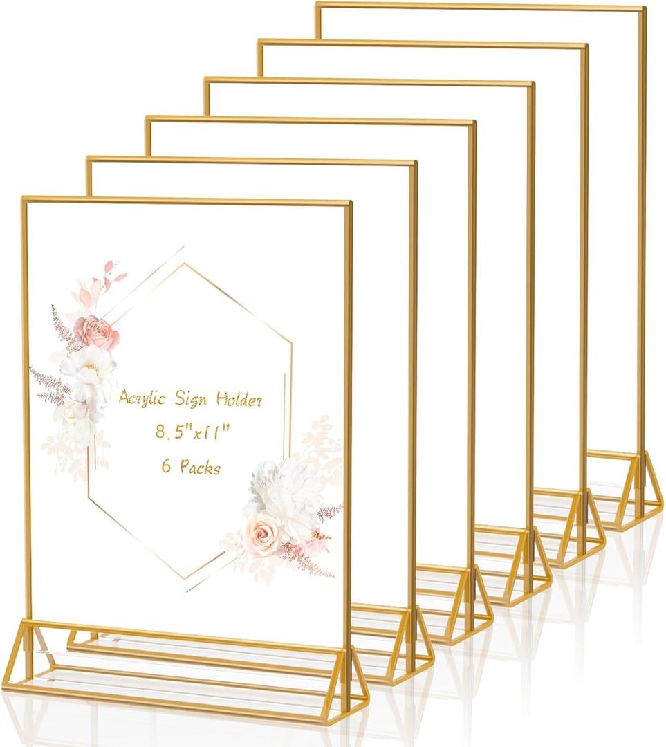 Gold Frames Clear Acrylic Sign Holder 8.5X11 Gold Picture Frames, Double Sided Menu Holder Display Stand for Weddings Table Number Flyer Holder( Pack of 6)