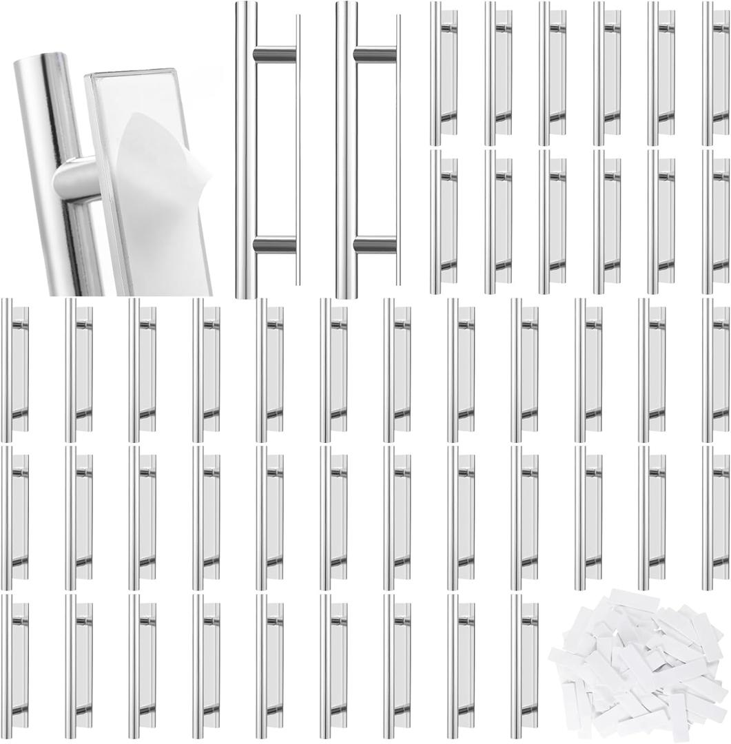 Barydat 50 Pack Self Stick Push Pull Helper Stick on Drawer Pulls ABS Plastic Adhesive Door Cabinet Handles Peel and Sticks Cabinet Handles for Kitchen Sliding Door Furniture(Silver)