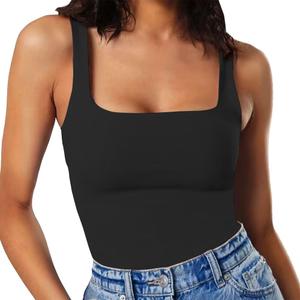 MISSJOY Women's Square Neck Sleeveless Slimming Going Out Tank Tops Bodysuits Clubwear (X-Large, 1-black)