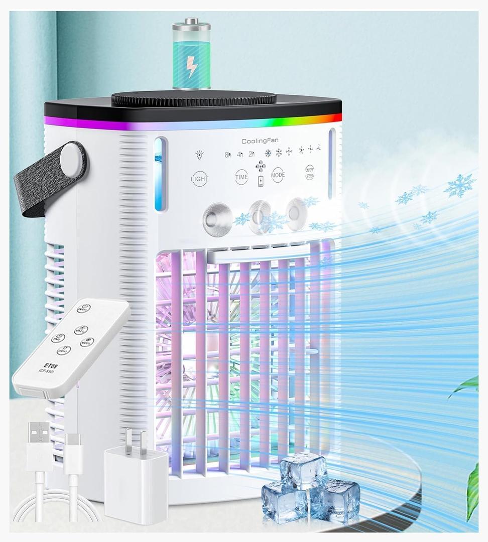 Battery Powered Air Conditioner 6000mAh,Rechargeable Small Air Conditioner for Room,Personal Air Cooler with Mist,Timer,Light,Portable Mini AC Unit Cooling Fan for Camping,Tent,Car,Desktop,Bedroom Battery Powered Air Conditioner 6000mAh,Rechargeable Small Air Conditioner for Room,Personal Air Cooler with Mist,Timer,Light,Portable Mini AC Unit Cooling Fan for Camping,Tent,Car,Desktop,Bedroom