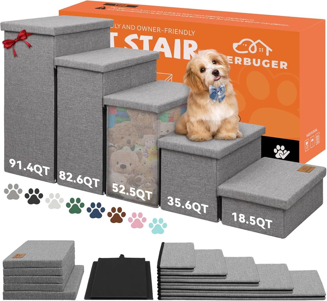 Zerbuger Dog Stairs for High Beds, Folding Pet Stairs Gift for Dogs Puppy with Storage for Bed Couch, Cat Dog Ramp Hold Up to 200 lbs (Gray, 5 Steps No Condo(49" D x 17" W x 26" H))