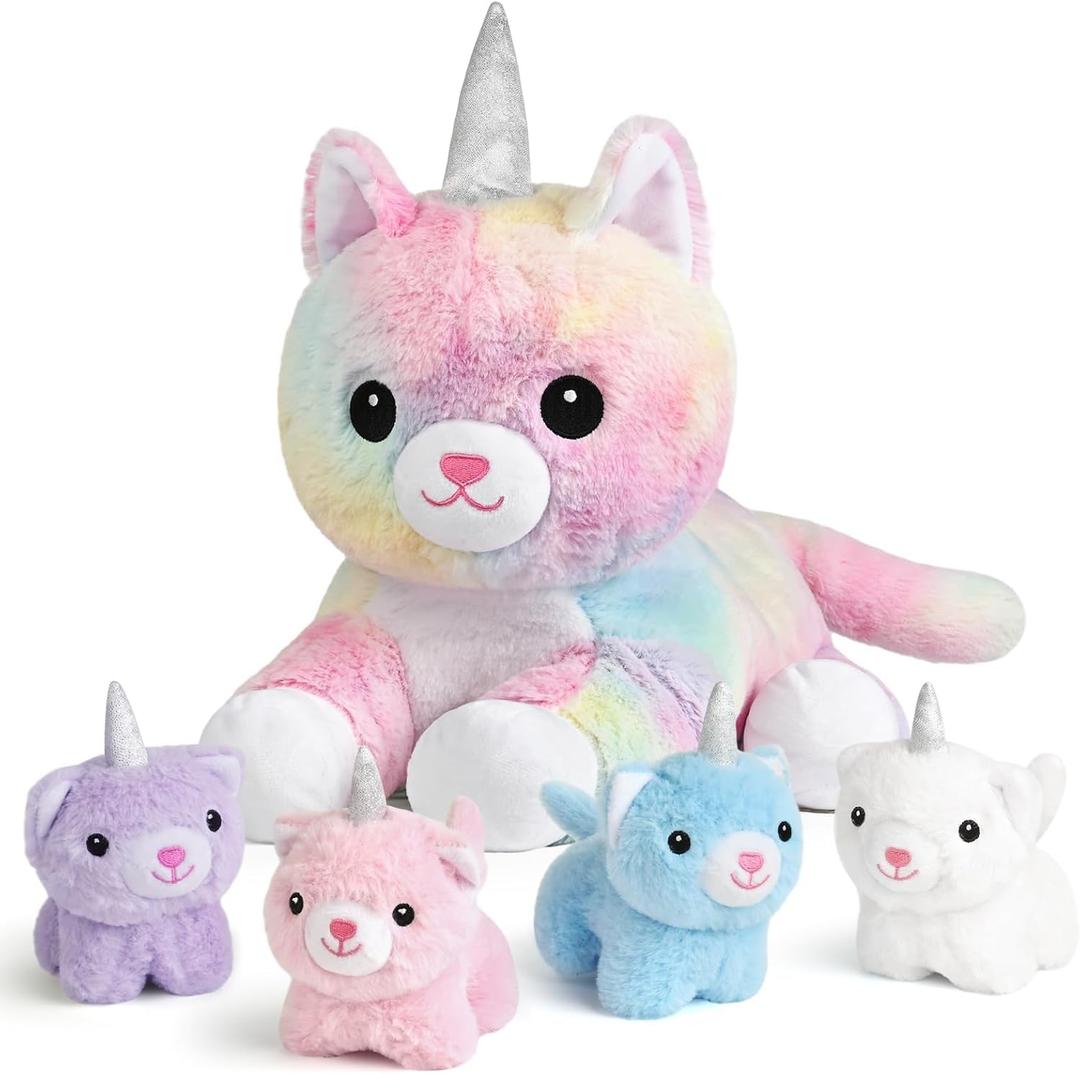 KMUYSL Toys for Ages 0-8+ Years - Plush Mommy Stuffed Animal with 4 Babies in Her Tummy, Soft Plush Toys Set, Christmas Birthday Gifts for Girls Boys, Toddler, Kids (Unicorn Cat Toys)