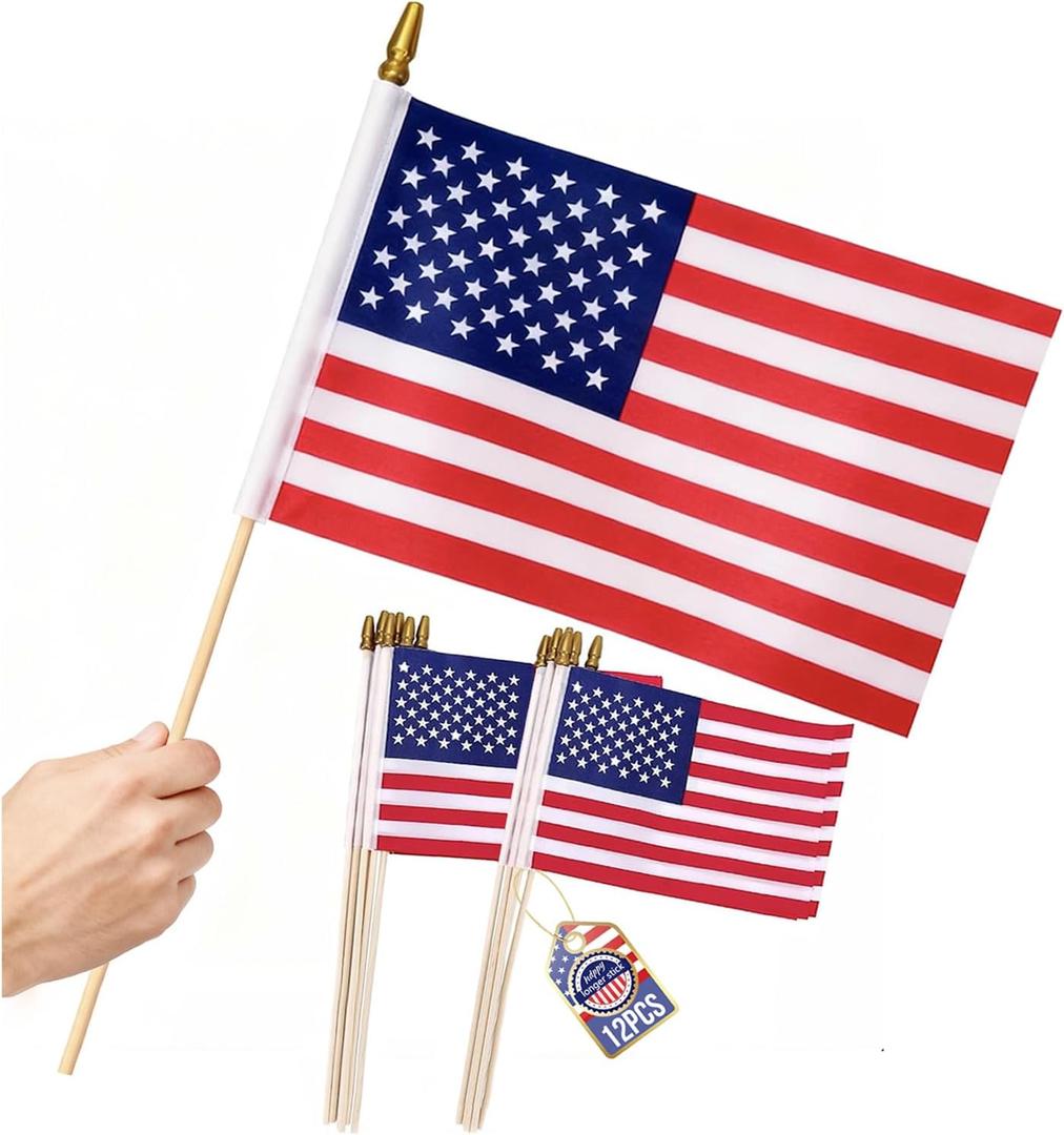 12 Pcs 8x12 Inch Small American Flags on Stick, US Handheld Flag with Kid-Safe Spear Top, For Memorial Day, Independence Day Decorations,250th Anniversary USA flag,Patriotic Holiday Yard Garden Flags