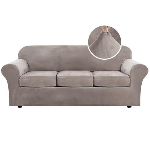 H.VERSAILTEX Modern Velvet Plush High Stretch Sofa Slipcover Furniture Protector Form Fit Luxury Thick Sofa Cover for 3 Cushion Couch, Machine Washable Width Up to 90 Inch (Sofa,Taupe), 4 Piece