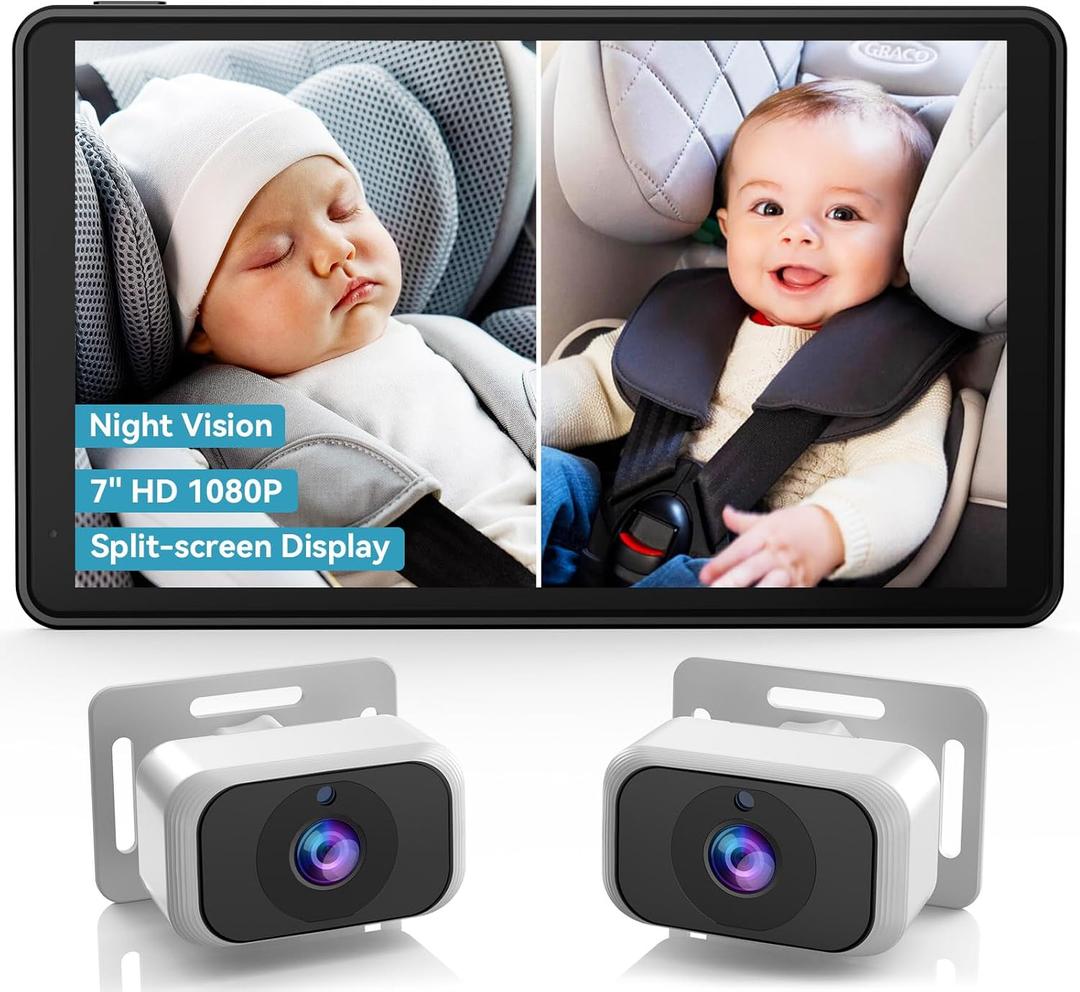 Baby Car Camera for 2-Kids: 7 Inch IPS Display with Dual Carseat Cameras, Split Screen, Night Vision, HD 1080P - USB Powered Easy Install Rear Facing Backseat Camera for Twins