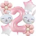 7PCS Rabbit Daisy Balloons Decorations with 32 Inch Pink Number 2nd Balloons for Easter Bunny Theme Birthday Party Kids Toy Gifts (2nd Birthday)