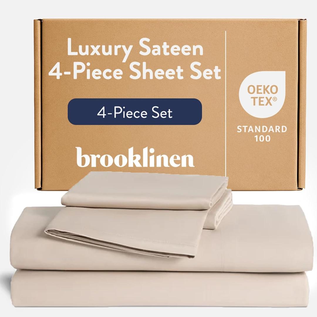 Brooklinen Luxury Sateen 4 Piece Sheet Set -100% Cotton Bed Sheets, Soft & Durable California King Size Sheets Set in Pebble, Oeko-TEX Certified Bedding Set,1 Fitted Sheet,1 Flat Sheet,2 Pillowcases