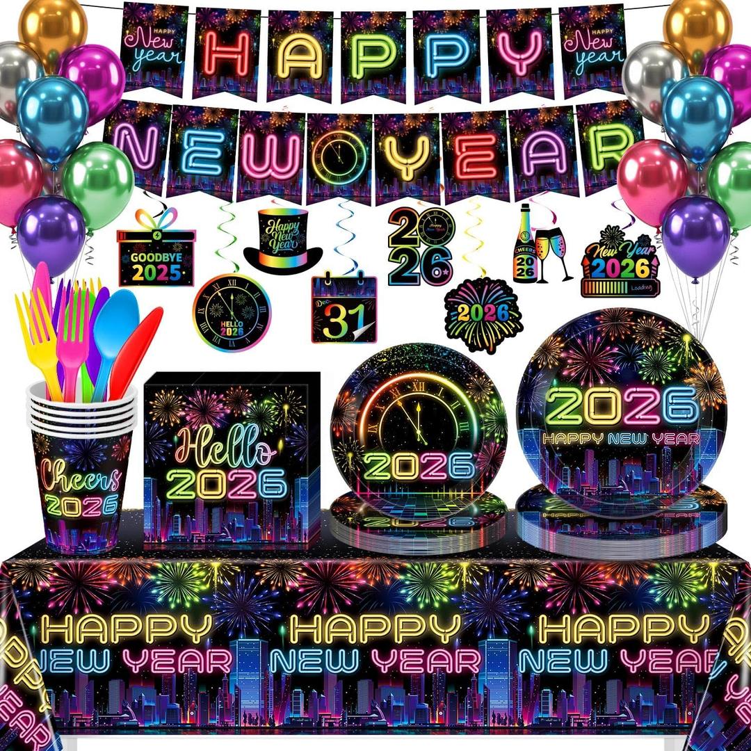 192 Pcs New Years Plates and Napkins, Colorful New Year Tableware Set Includes Happy New Year Banner Tablecloth Balloons, New Years Eve Party Supplies 2026 for 24 Guests