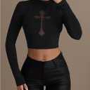 WDIRARA Women's Contrast Mesh T Shirts Mock Neck Long Sleeve Tee Gothic Punk Crop Tops (Black, S)