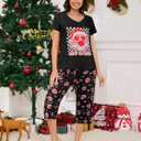 YIJIU Women's Short Sleeve Tops and Capri Pants Cute Cartoon Print Pajama Sets (S)