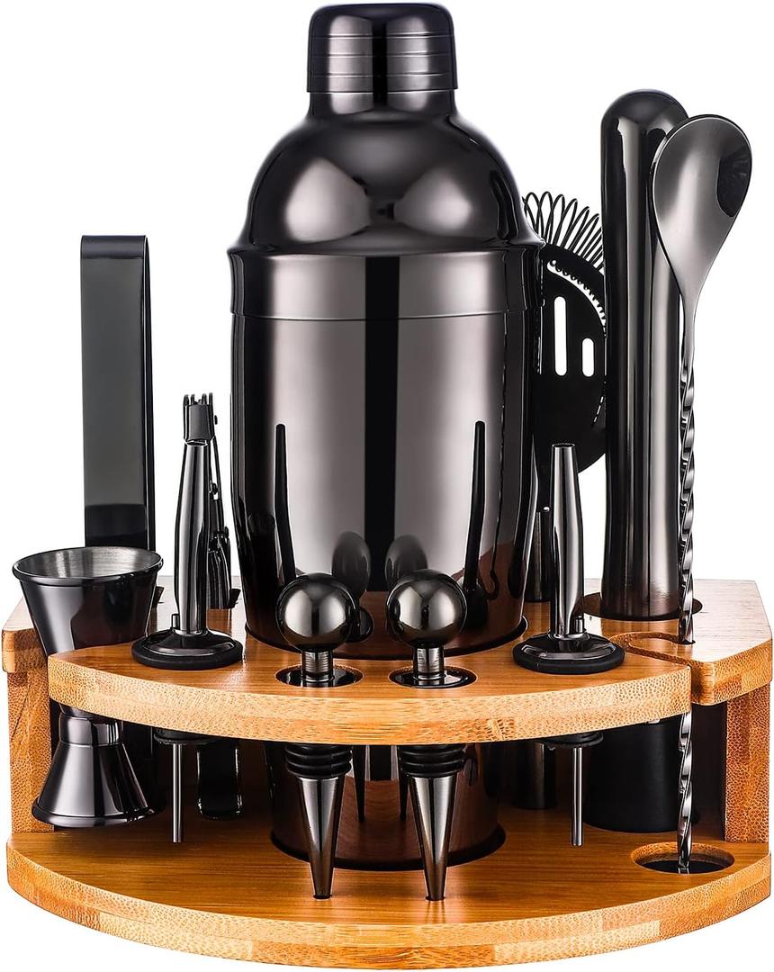 Bartender Kit with Bamboo Stand, 12 Piece 25oz Cocktail Shaker Set with All Essential Bar Tools Set for Drink Mixing, Ideal Gifts for Cocktail Lovers, Home Bar Bartending Kit with Cocktail Recipes (Black)