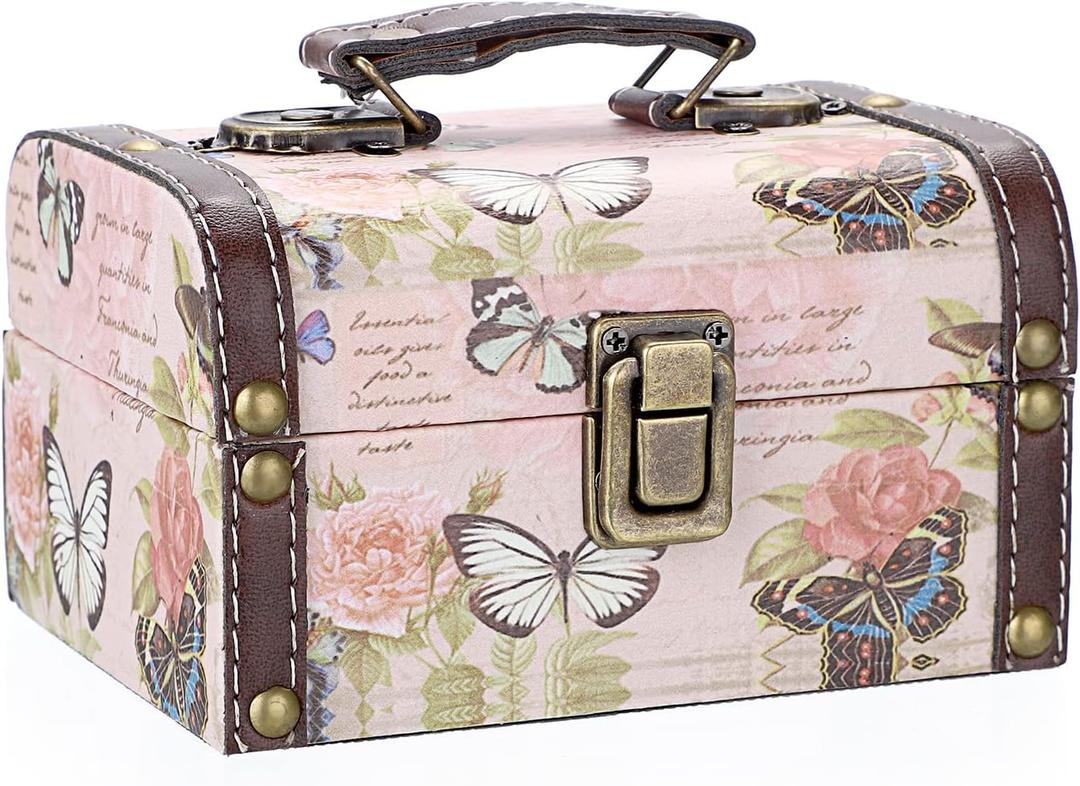 ELLDOO Decorative Treasure Chest Box, Wooden + PU Leather Storage Box for Jewelry Trinkets, Keepsakes box for Girls Women Gifts (Butterfly Pattern, Small)