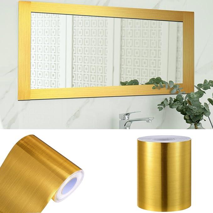 49 ft Wood Grain Mirror Frame Border Peel and Stick Waterproof Wallpaper Border Wall Decor Removable Self Adhesive Strips for Bathroom Mirror Fames Cabinets Bedroom Decor 4" x 49 ft(Gold)