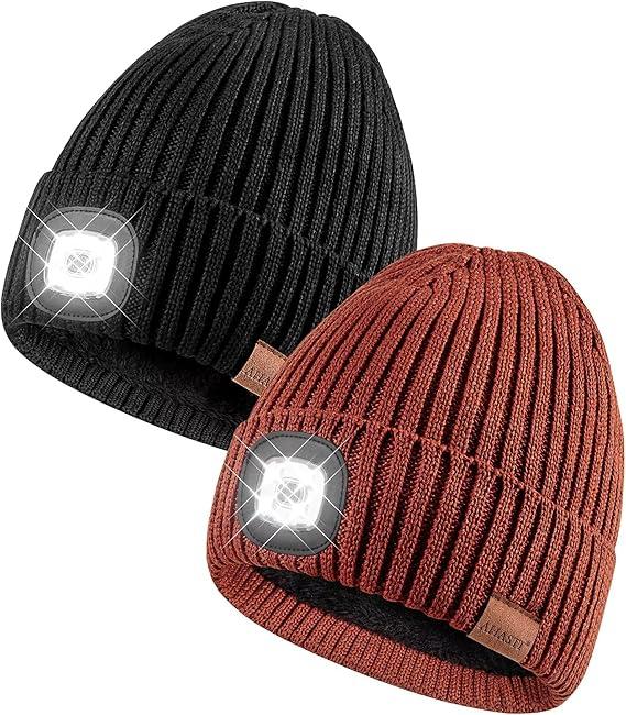 Beanie with Light for Men 2 Pack, Hat with Light Built in Rechargeable Winter Warm Knitted Headlamp Caps, Gift for Men Dads Husband Led Beanie Hats with Light(Black&Dark Orange)