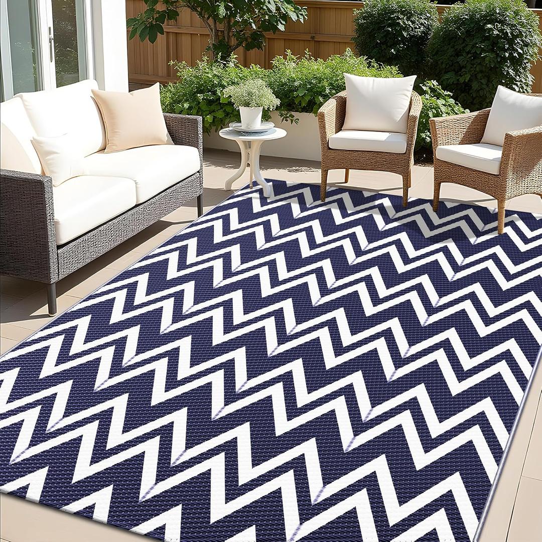 OLANLY Waterproof Outdoor Rug 5x8 ft Clearance, Reversible Outdoor Plastic Straw Rug, RV Mat, Indoor Outdoor Carpet for Patio, Camping, Balcony, Deck, Backyard, Navy & White