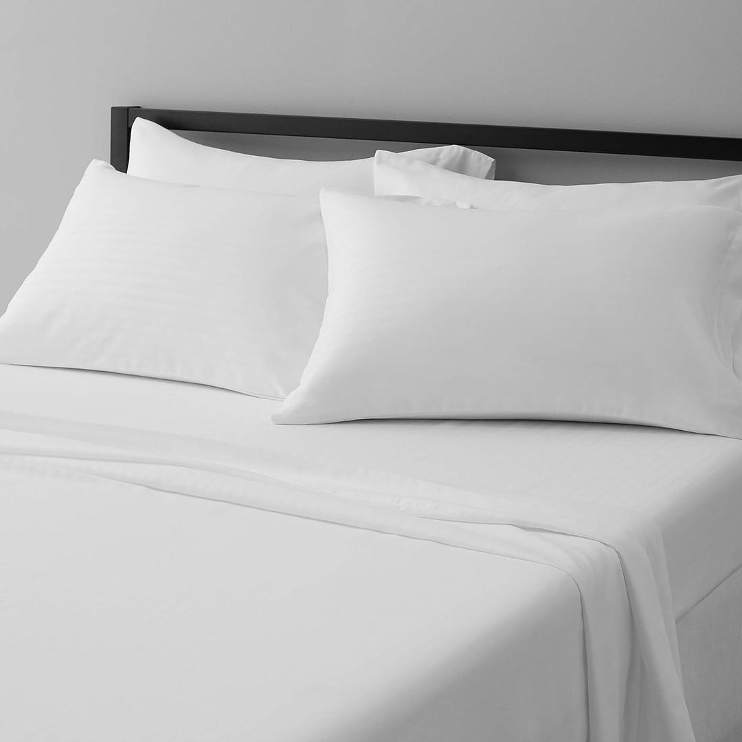 Amazon Basics Soft, Comfortable Queen Size Bed Sheets, Deluxe Microfiber, 4-Piece, Bright White Striped